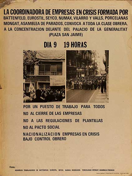 La coordinadora de empresas en crisis formada po Battenfeld, Eurostil, Syco, Numax, Vilarro y Valls, Porcelas Mongat, Asamblea de Parados, convoca a toda la clase obrera, a la concentración delante del palacio de la Generalitat (plaza San Jaime)