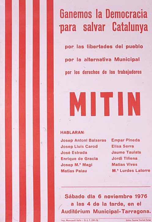 Ganemos la Democracia para salvar Catalunya : Mitin : Sábado dia 6 de noviembre 1976 a las 4 de la tarde, en el Auditórium Municipal - Tarragona