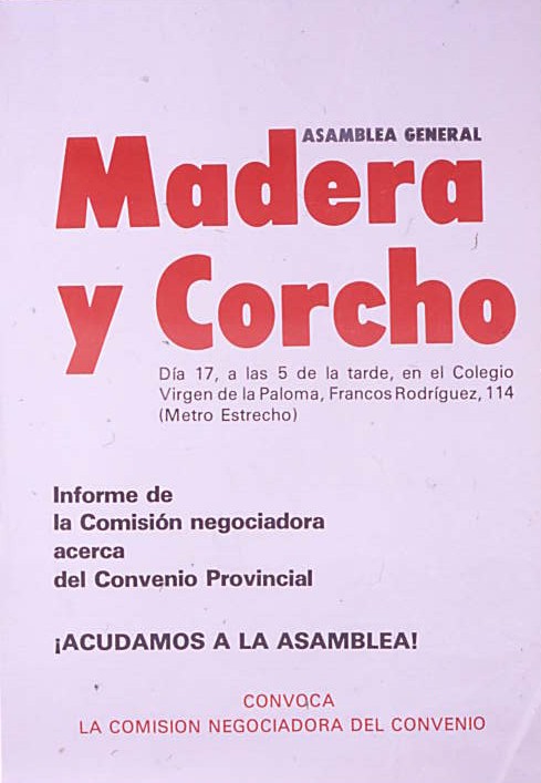 Madera y corcho : Asamblea general : día 17, a las 5 de la tarde, en el Colegio Virgen de la Paloma... [...]