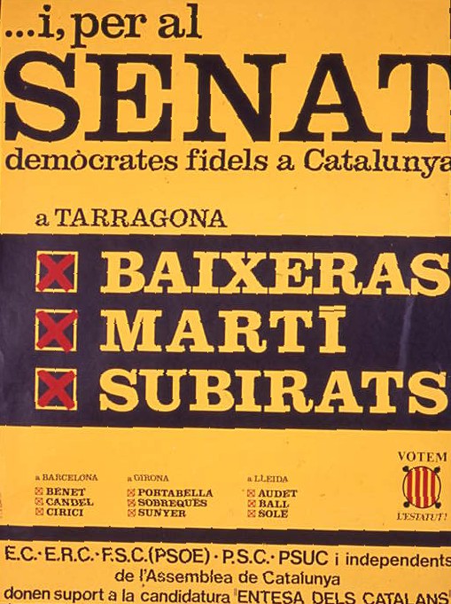 ...i, per al Senat : Demòcrates fidels a Catalunya : a Tarragona : Baixeras : Martí : Subirats