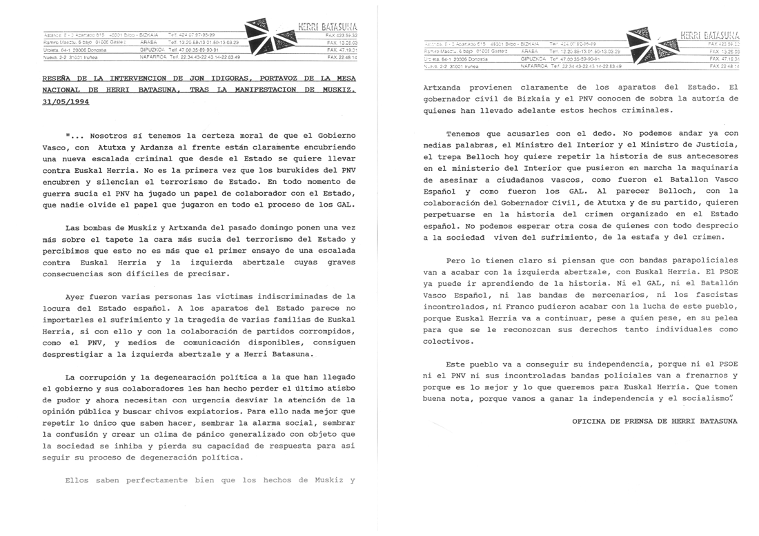 Reseña de la intervención de Jon Idigoras, portavoz de la mesa nacional de Herri Batasuna, tras la manifestación de Muskiz 31/05/1994