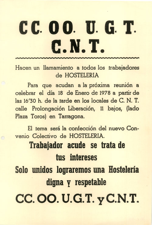 CC.OO. U.G.T. C.N.T. hacen un llamamiento a todos los trabajadores de hosteleria