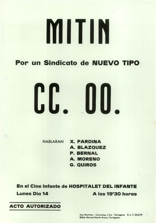 Mitin por un sindicato de nuevo tipo CC.OO. [...] en el cine Infante de Hospitalet del Infante lunes dia 14 a las 19,30 horas