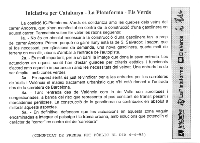 La coalició IC-Plataforma-Verds es solidaritza amb les queixes dels veïns del carrer Andorra... [...]