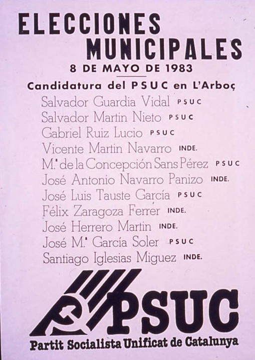 Elecciones municipales : 8 de mayo de 1983 : Candidatura del PSUC en l'Arboç
