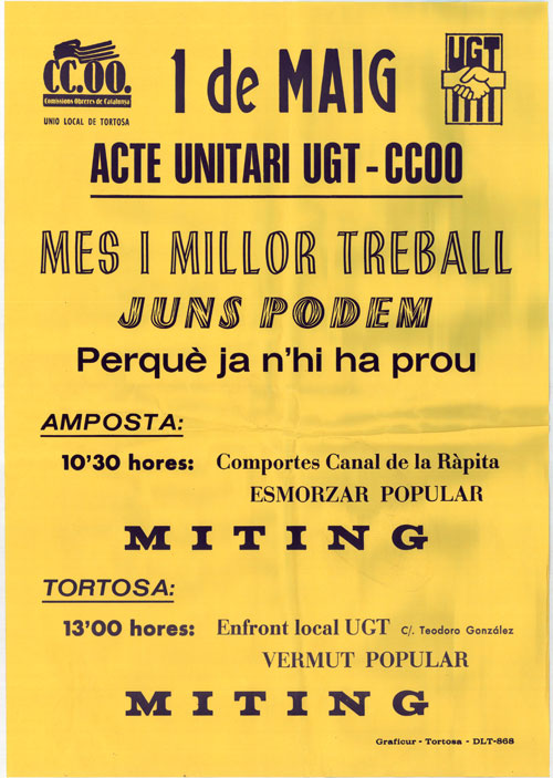 1 de maig : acte unitari UGT-CCOO : més i millor treball junts podem perquè ja n'hi ha prou