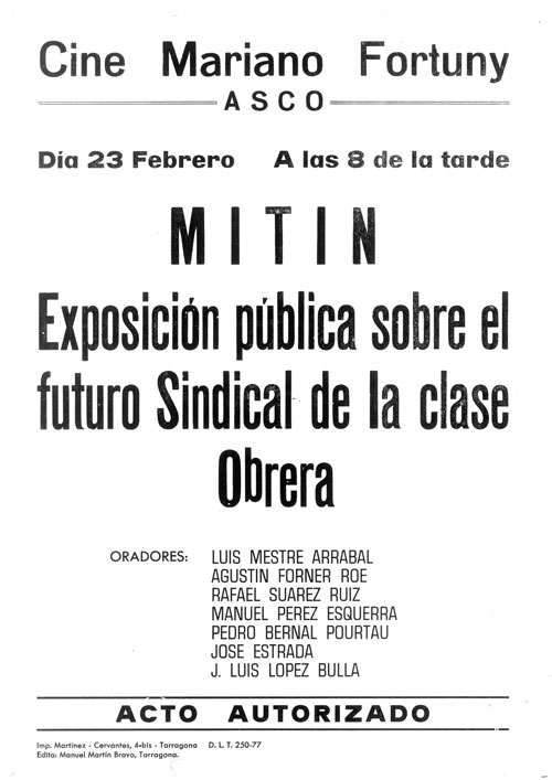 Cine Mariano Fortuny Ascó, mitin exposición pública sobre el futuro sindical de la clase obrera