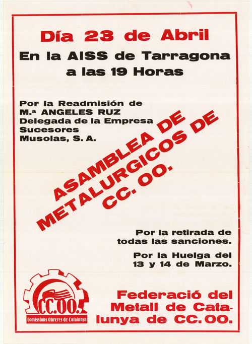 dia 23 de abril en la AISS de Tarragona a las 10 horas asamblea de metalurgicos de CC.OO.