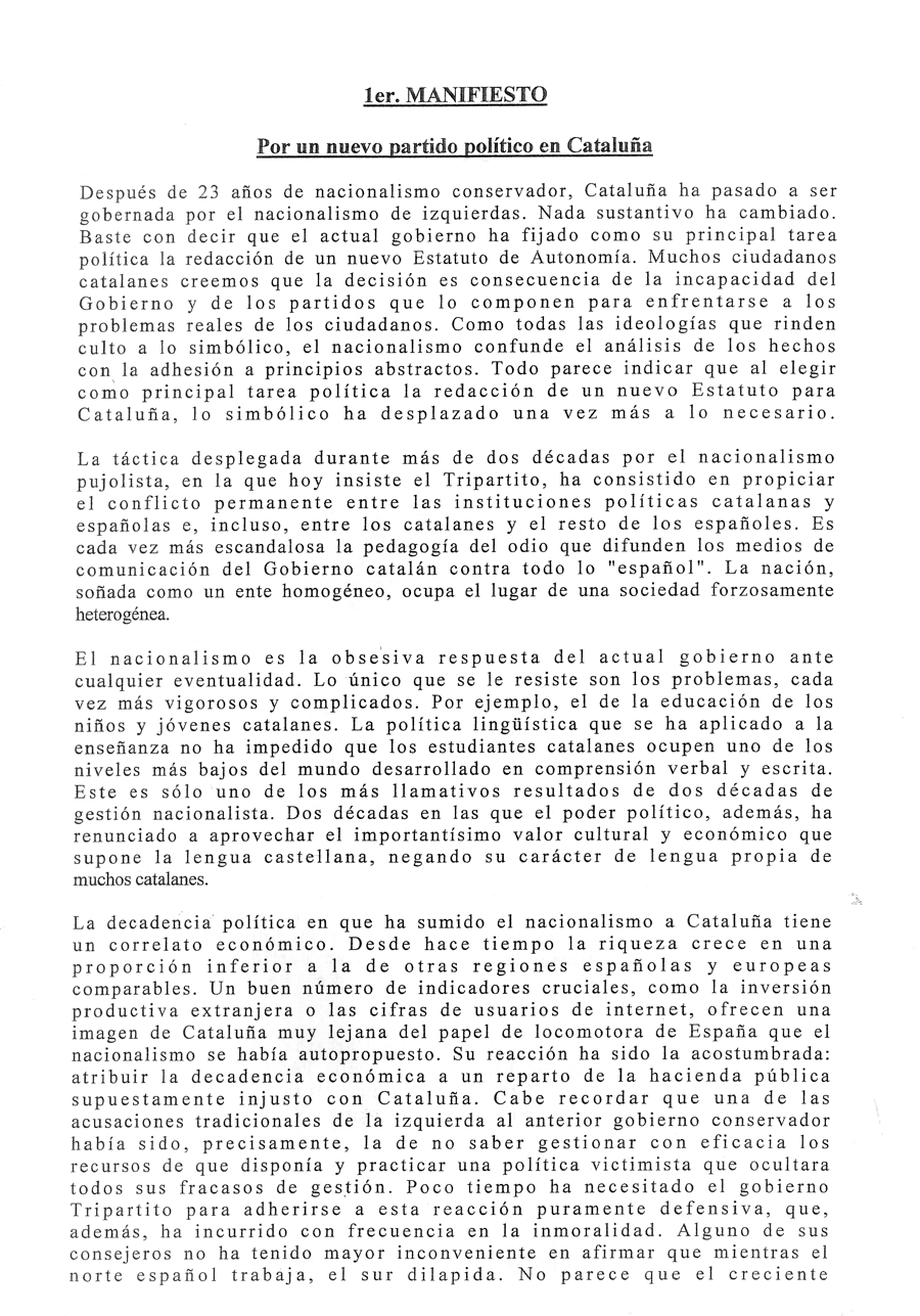 1er Manifiesto : por un nuevo partido político en Cataluña