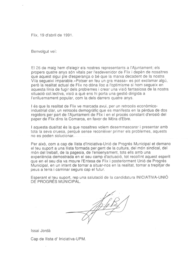 Flix, 19 d'abril de 1991. Benvolgut veí: ... [...]