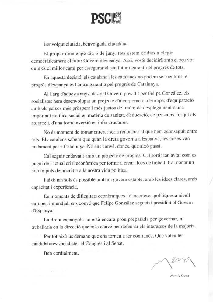 Benvolgut ciutadà, benvolguda ciutadana, El proper diumenge 6 de juny... [...] = Estimado amigo, estimada amiga, El próximo domingo día 6 de junio... [...]