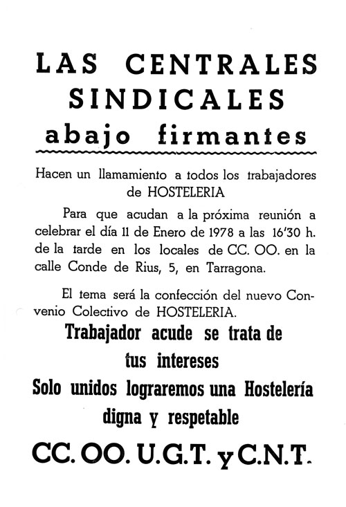 Las centrales sindicales abajo firmantes hacen un llamamiento a todos los trabajadores de hosteleria