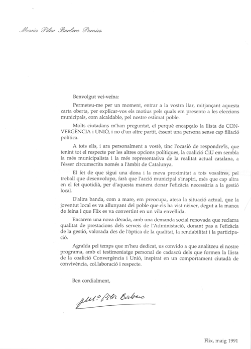 Maria Pilar Barbero Pamies : Benvolgut veí-veïna:... [...] = Estimado conciudadano: ... [...]