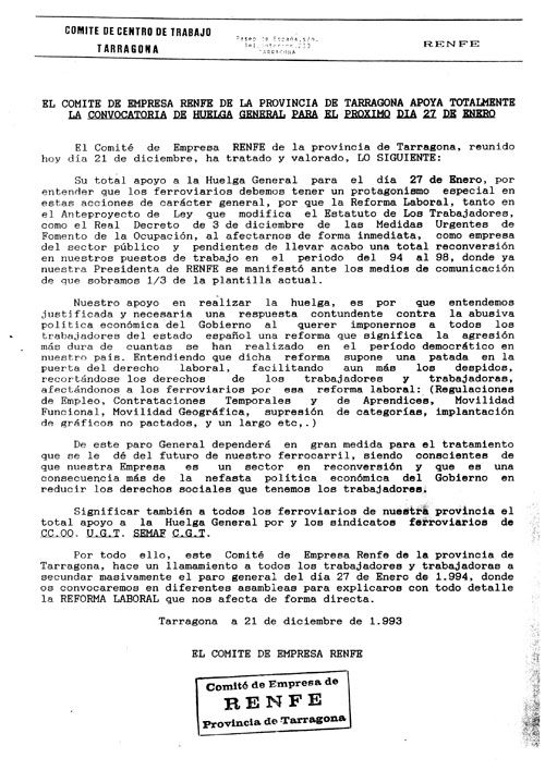 El comité de empresa de Renfe de la provincia de Tarragona apoya totalmente la convocatoria de huelga general para el próximo dia 27 de enero