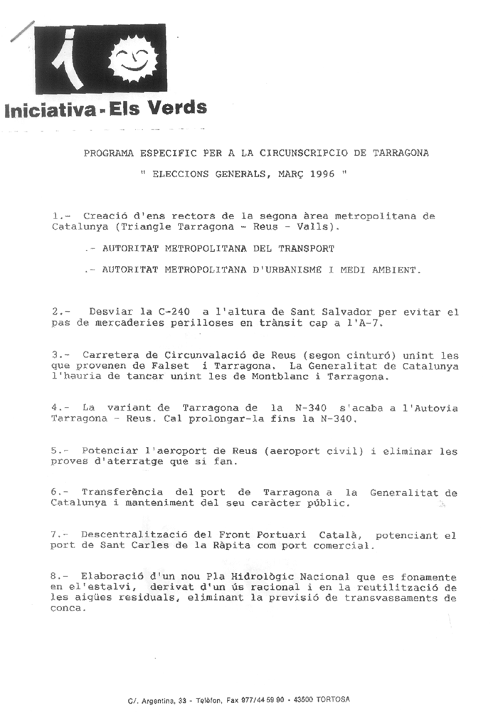Programa específic per a la circunscripció de Tarragona "eleccions Generals, març 1996"