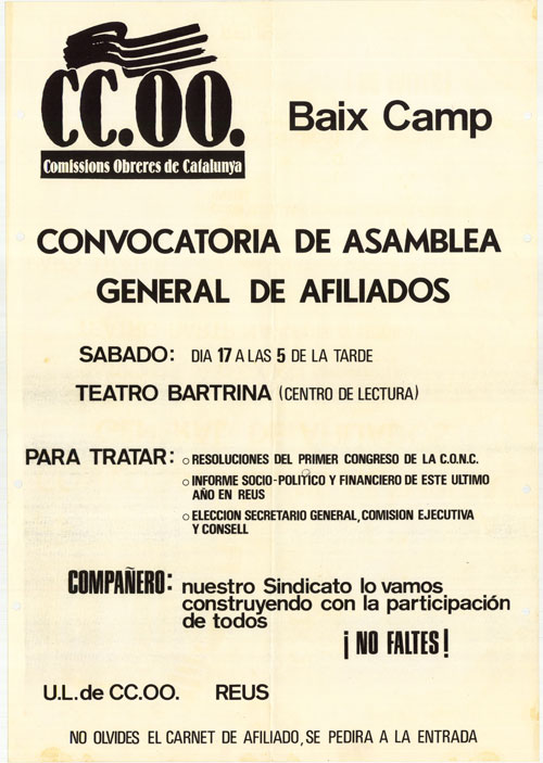 Baix Camp convocatoria de asamblea general de afiliados, sabado: dia 17 a les 5 de la tarde teatro Bartrina (Centro de Lectura)... [...]