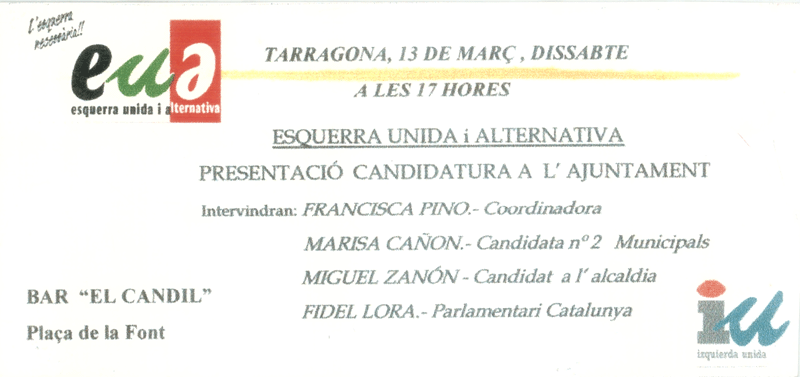 Tarragona, 13 de març, dissabte a les 17 hores Esquerra Unida i Alternativa presentació candidatura a l'Ajuntament