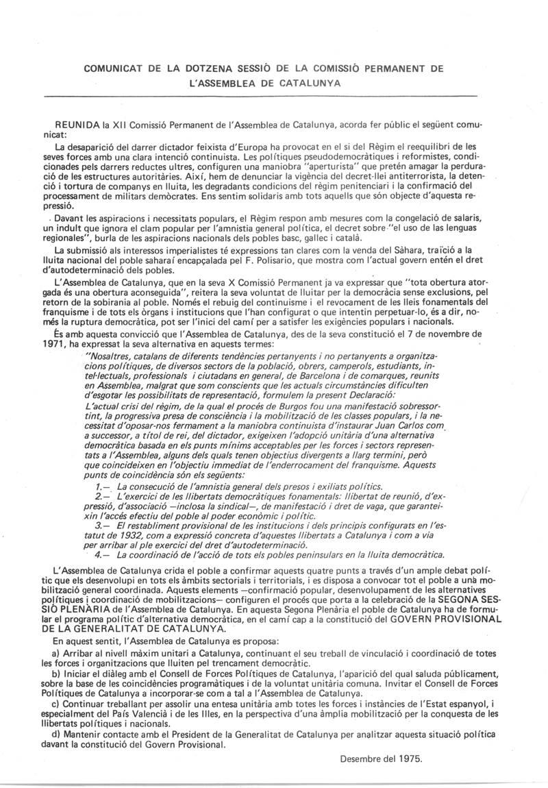 Comunicat de la dotzena sessió de la Comissió Permanent de l'Assemblea de Catalunya = comunicado de la docena sesión de la "Comissió Permanent de l'Assemblea de Catalunya"